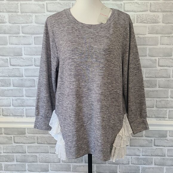JJ's Fairyland Lace Ruffle Long Sleeve Top Gray NEW Lg Romantic Cottage Feminine - Picture 2 of 8